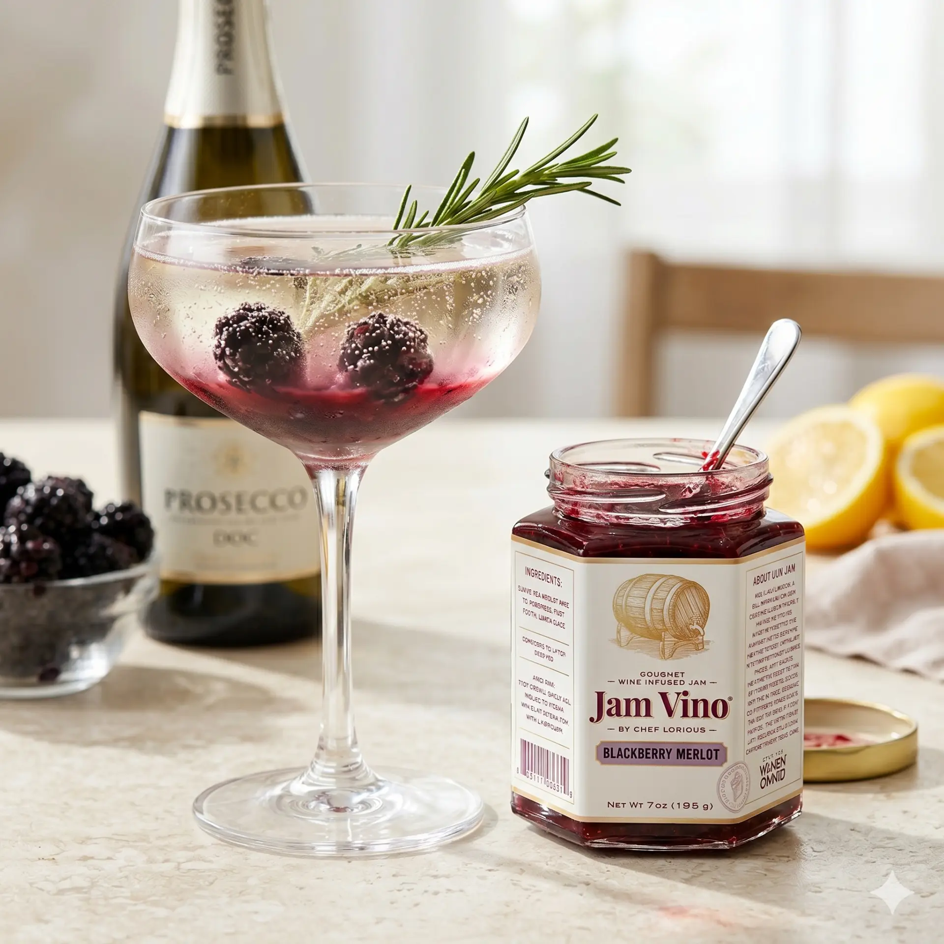 Jam Vino Blackberry Merlot jar beside a sparkling prosecco cocktail with blackberries, rosemary, and a chilled Prosecco bottle