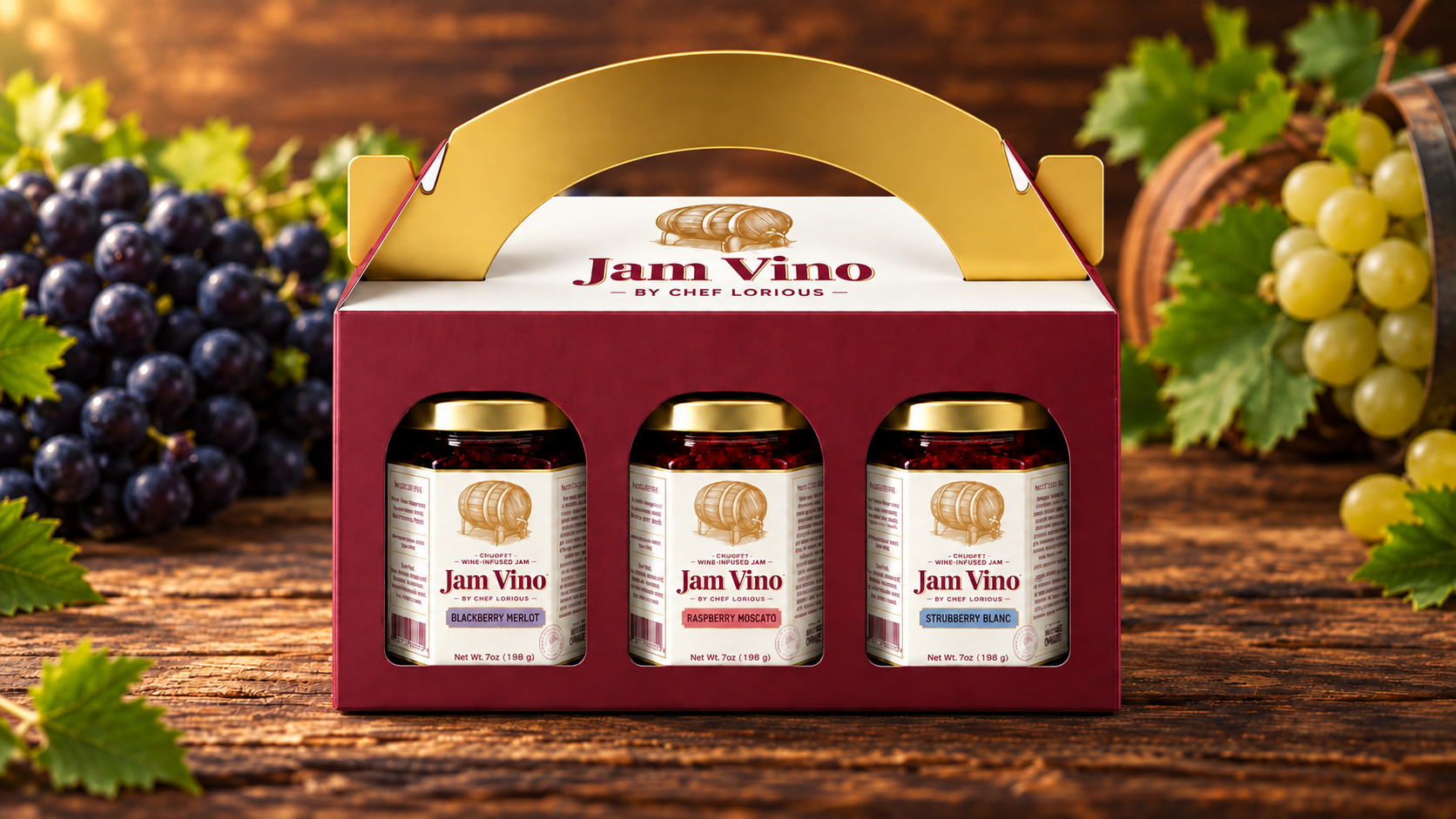The Jam Vino Deluxe Gift Set box with Blackberry Merlot, Raspberry Moscato and Strueberry Blanc jars on a wooden table with fresh grapes