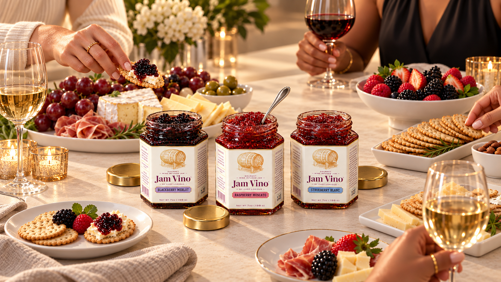 All three Jam Vino jars on an entertaining table with cheese, crackers, berries and wine glasses