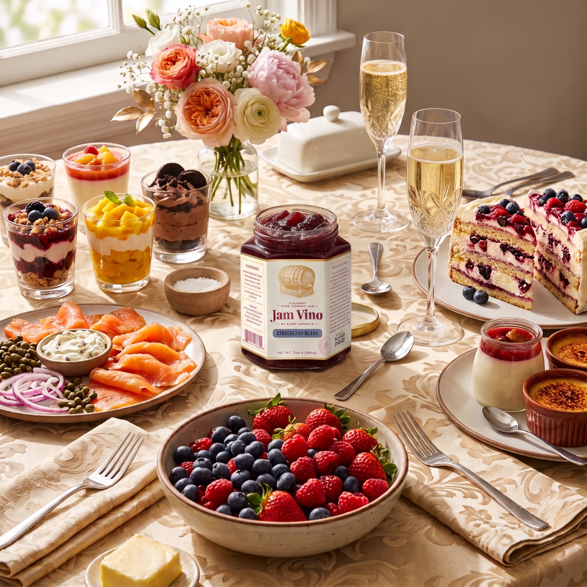Jam Vino Strueberry Blanc jar beside crostini topped with whipped cheese, strawberries, blueberries and fresh thyme, with a glass of sparkling white wine