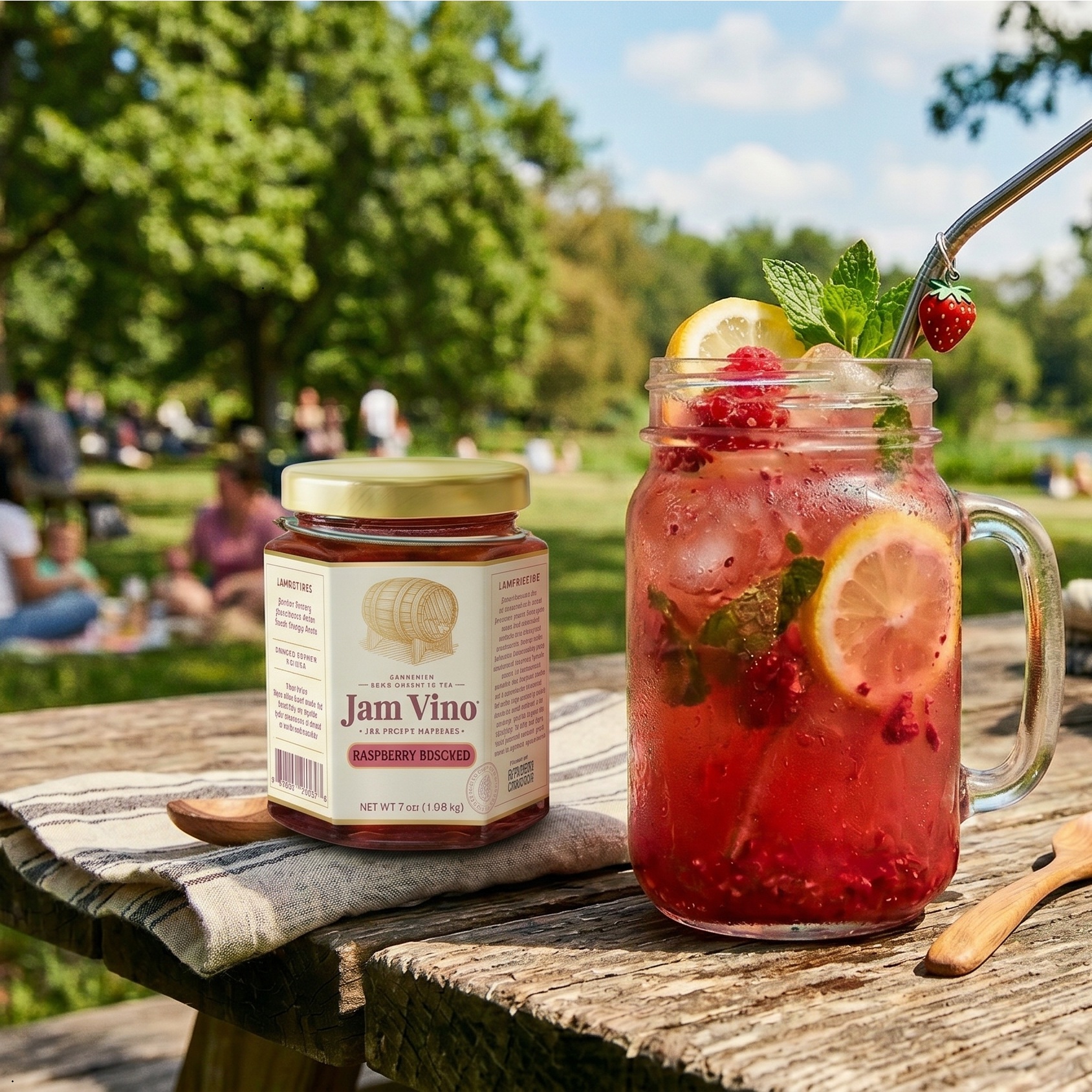 Jam Vino Raspberry Moscato jar beside a sparkling raspberry lemonade in a mason jar with lemon, mint, and a sugared strawberry garnish, set on a sunny picnic table