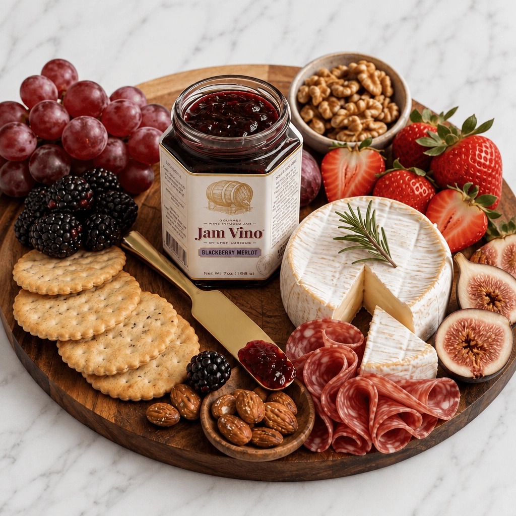 Blackberry Merlot Jam Vino jar on a charcuterie board with brie topped with jam, crackers, olives and fruit
