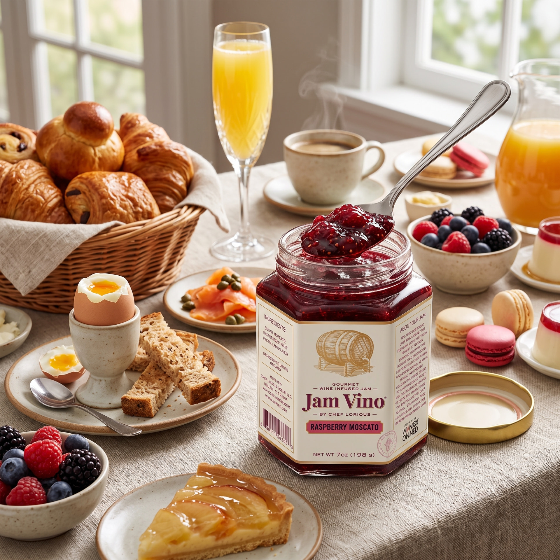Jam Vino Raspberry Moscato jar open with a spoonful of jam, surrounded by croissants, berries, waffles, coffee and a mimosa on a bright brunch table